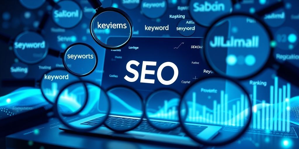 An abstract representation of SEO optimization with magnifying glasses focusing on a Persian-language website interface, surrounded by floating keywords and ranking graphs.