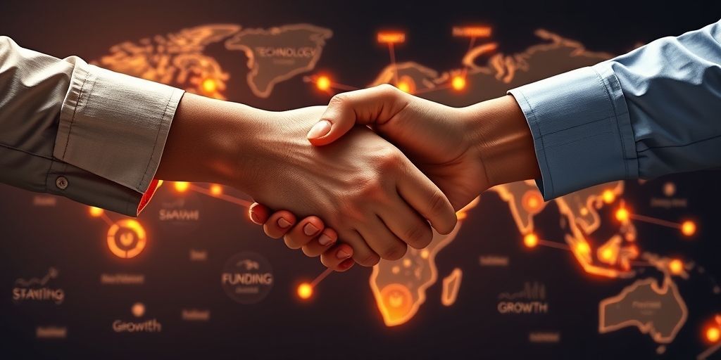 Two hands shaking over a glowing startup ecosystem map, showing interconnected nodes of technology, funding, and growth. One hand represents a startup founder, the other a strategic partner, with Persian calligraphy elements subtly integrated in the background.