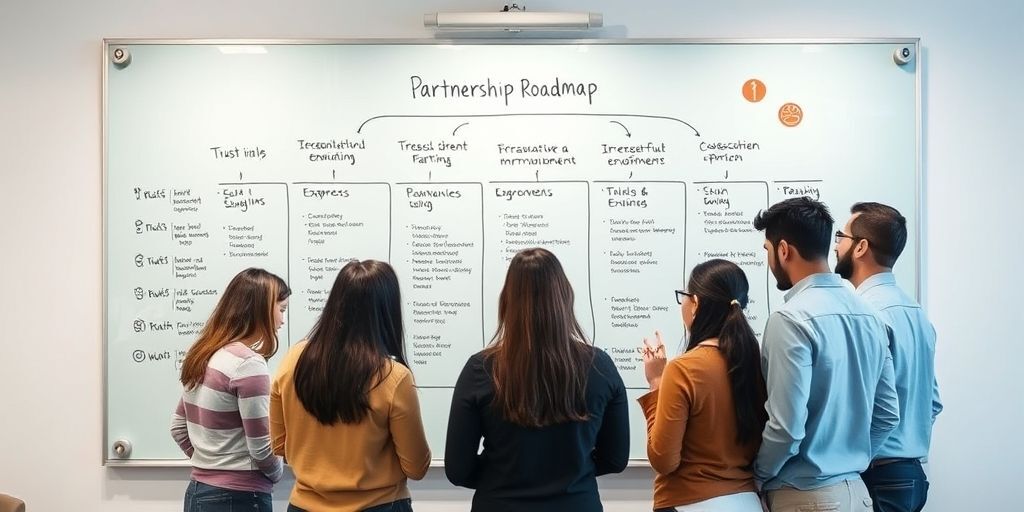 A Persian startup team analyzing a partnership roadmap on a transparent whiteboard, showing phases from evaluation to agreement. Diverse team members are engaged in discussion, with icons representing trust, growth, and collaboration floating around.
