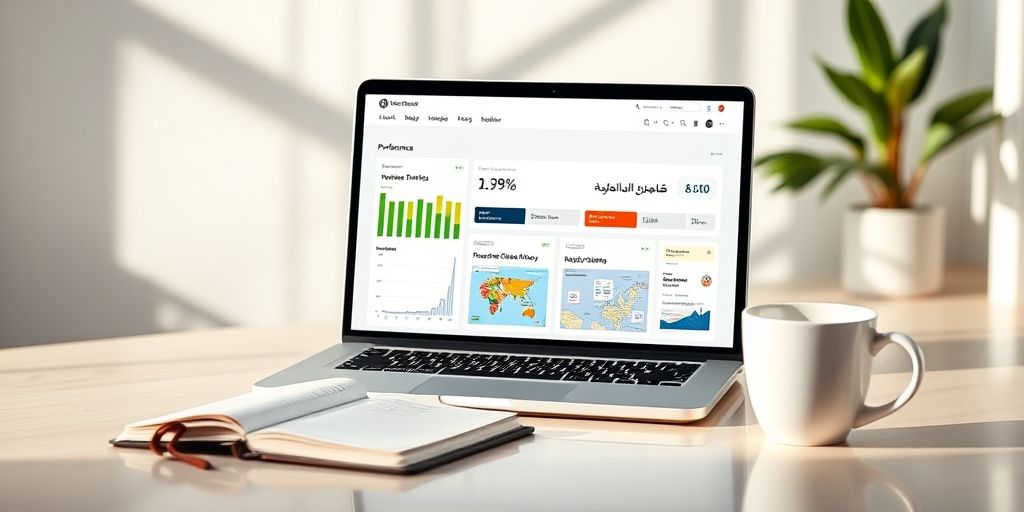 A modern, organized WordPress admin dashboard with Persian text, showing clean widgets, performance metrics, and quick access icons, displayed on a laptop screen with a notebook and coffee cup nearby, conveying efficiency and professionalism.