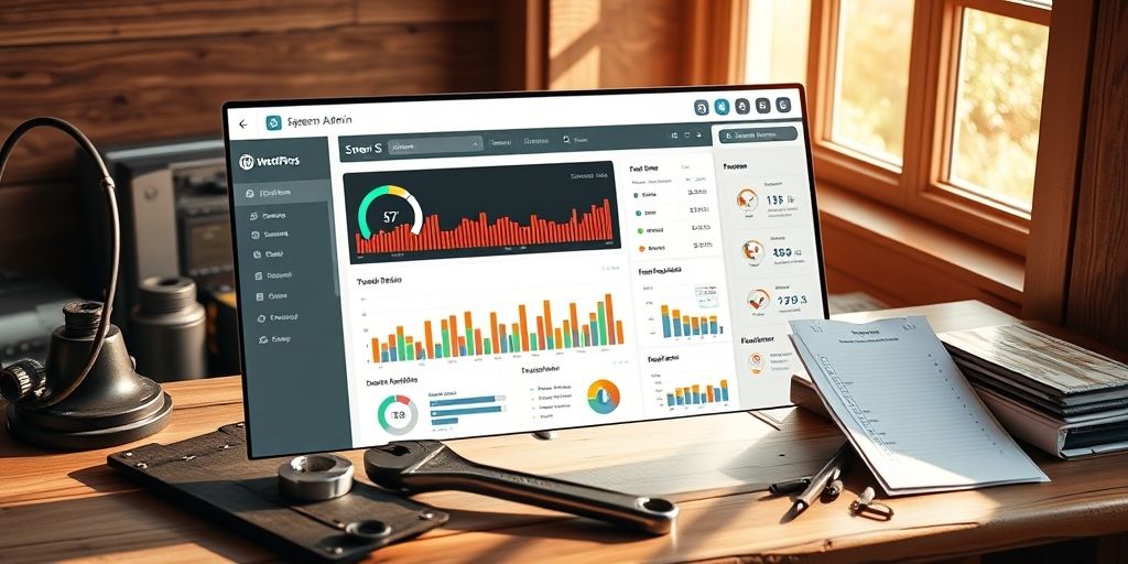 An optimized WordPress admin panel showing speed metrics and performance graphs, with a clean Persian interface, surrounded by maintenance tools like a wrench and checklist on a wooden desk.