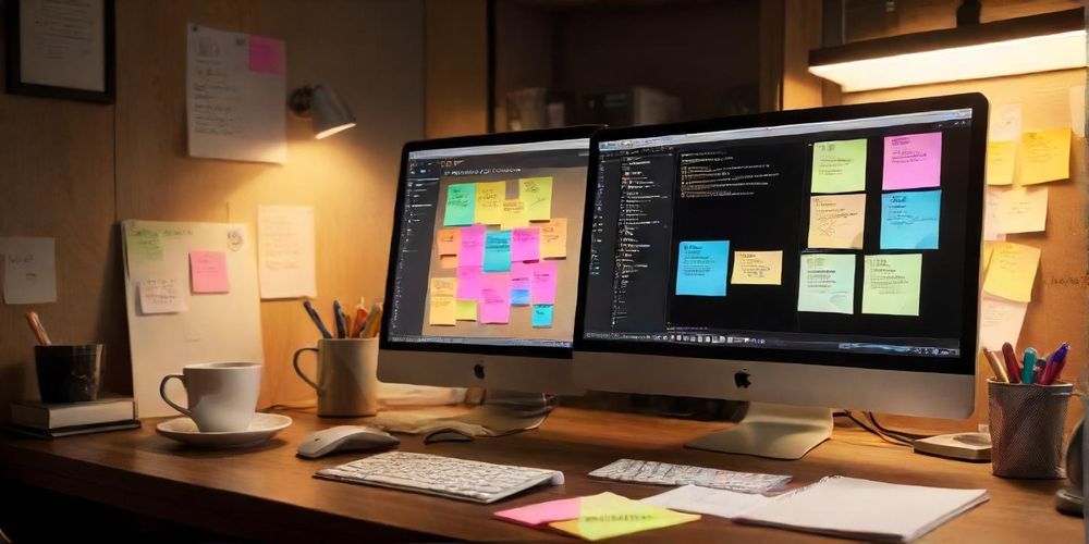 A digital workspace with a computer displaying keyword research tools and analytics, various notes and a coffee cup on the side.