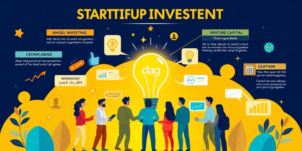 An infographic-style illustration showing different startup investment methods with Persian labels, including angel investing, venture capital, and crowdfunding, with diverse people collaborating around a central lightbulb idea.