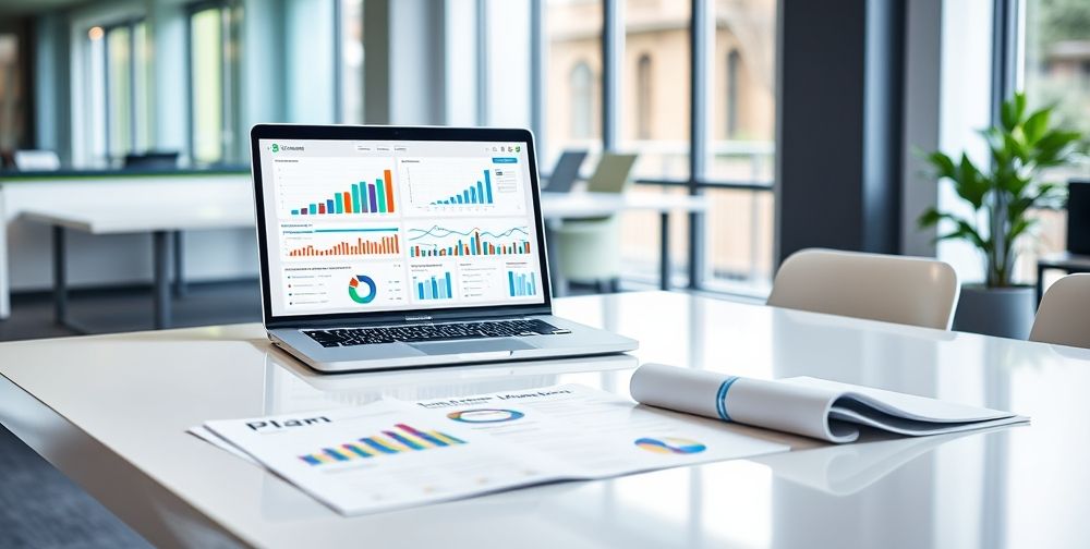 A modern workspace with a laptop displaying digital marketing analytics, colorful charts, and strategic documents laid out on the desk, illustrating planning in online marketing.