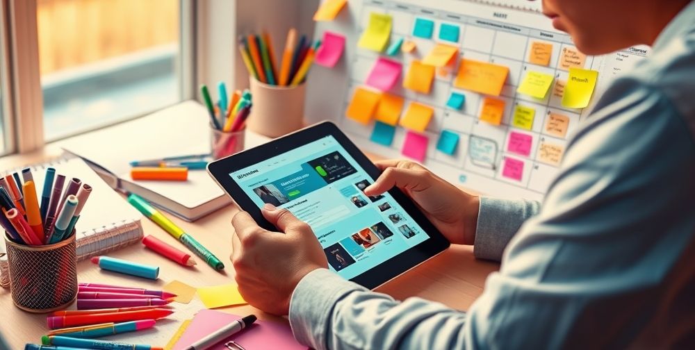 An engaging social media content creation scene, with a person designing posts on a tablet, surrounded by creative tools, vibrant colors, and content calendars, emphasizing content marketing.