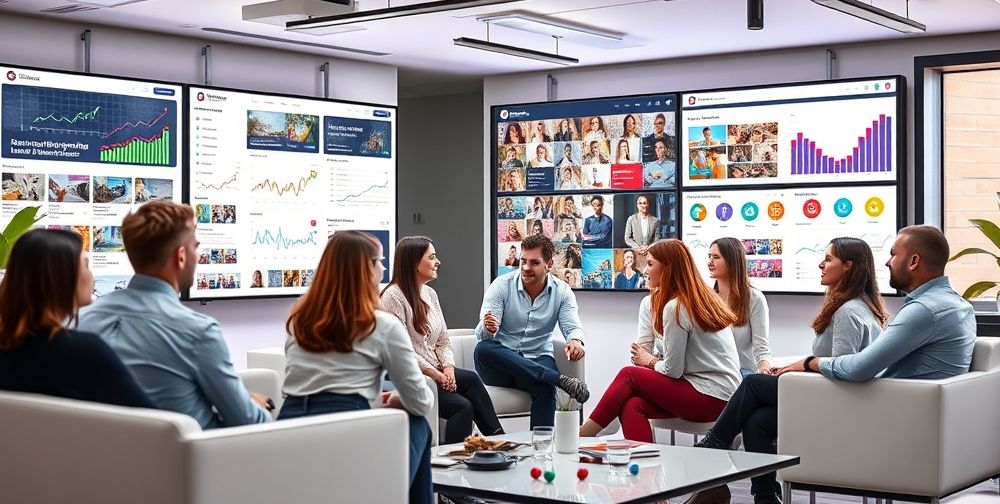 A lively social media team brainstorming ideas in a modern office with screens displaying analytics, social media feeds, and content plans, symbolizing strategic engagement.