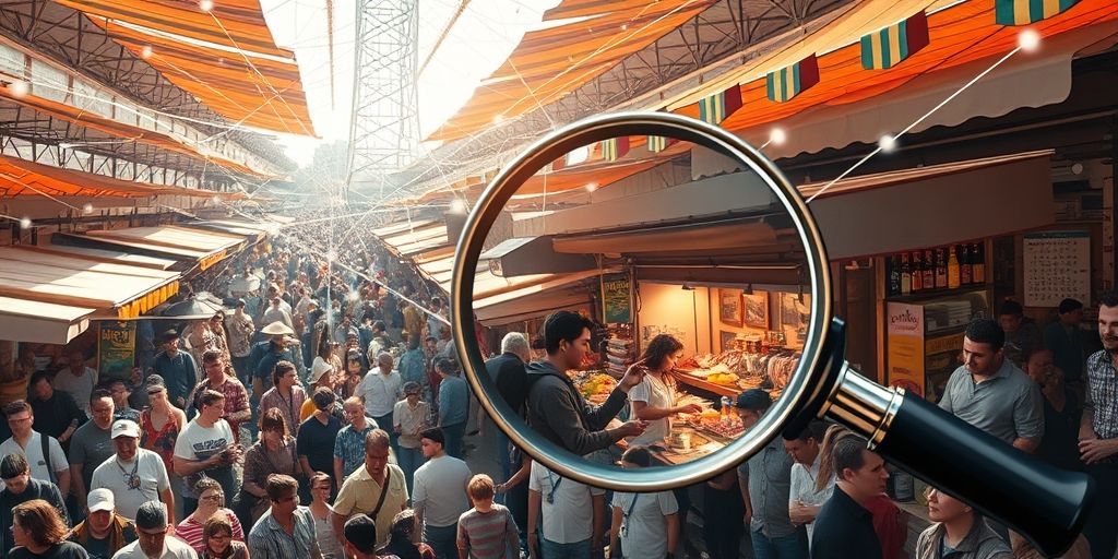 A visual metaphor of niche marketing: A magnifying glass focusing intensely on a small vibrant community within a large crowded marketplace, showing diverse people engaging with specialized products, with digital connection lines radiating from them.