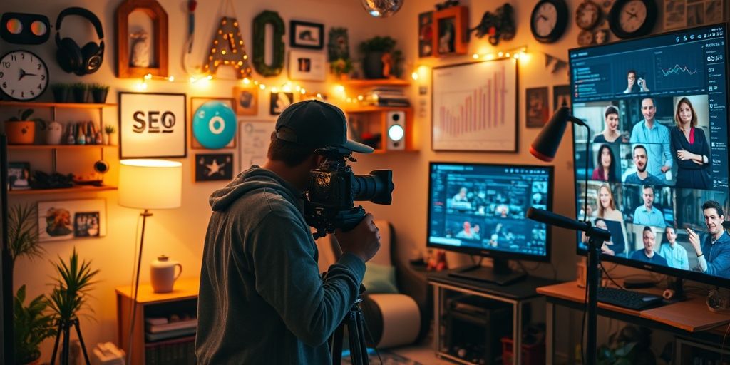 A content creator filming a highly specialized tutorial in a home studio, surrounded by niche-specific props, with overlays showing SEO keywords, social media engagement graphs, and a loyal community interacting in comments.