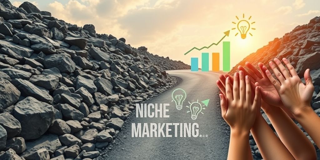 A path transforming from rocky obstacles to a smooth road with growth charts, lightbulb ideas, and supportive community hands, symbolizing overcoming niche marketing challenges with strategy and persistence.