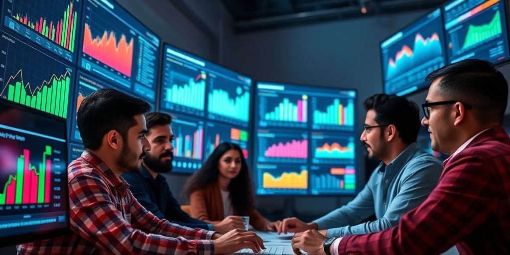 A diverse group of entrepreneurs collaboratively analyzing digital marketing data on multiple screens, with focused expressions and colorful data visualizations highlighting niche market segments in Persian language interfaces.