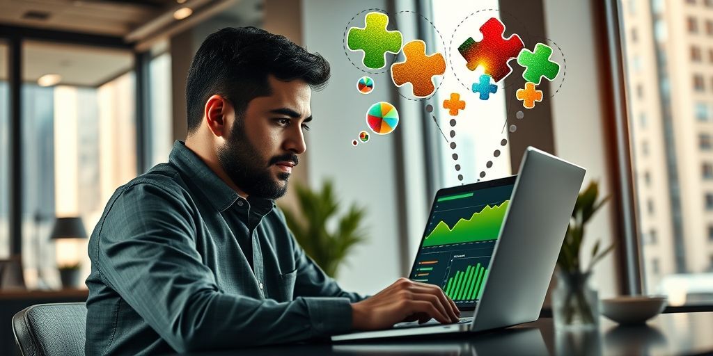 An Iranian entrepreneur using analytics tools on laptop showing Persian-language market data, with thought bubbles visualizing niche market opportunities like puzzle pieces coming together.