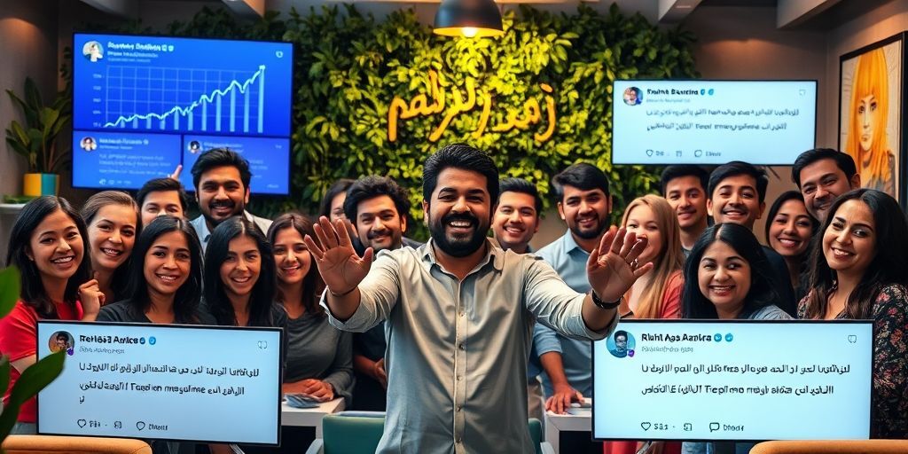 A Persian business owner celebrating niche market success with a diverse group of loyal customers, surrounded by digital devices showing growth charts and positive social media comments in Farsi.