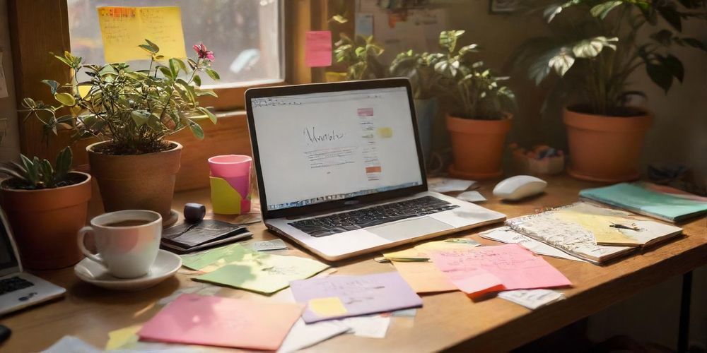 A digital workspace with a laptop showing a blog creation process, surrounded by notes and coffee, reflecting creativity and content production.