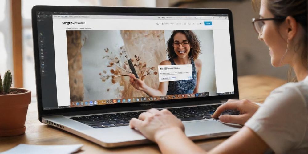 A person happily working on a laptop, customizing their WordPress website with images and design elements, embodying the spirit of creativity and ease of use.