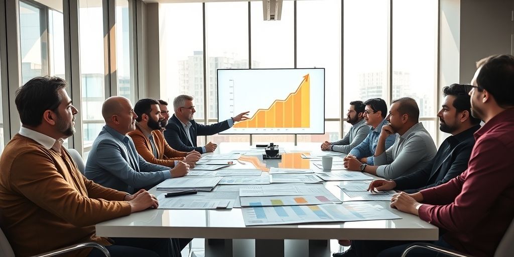 A diverse group of Persian investors in a modern office, intensely discussing over financial charts and startup pitch decks, with one pointing at a projected growth graph on a screen, natural daylight from large windows.