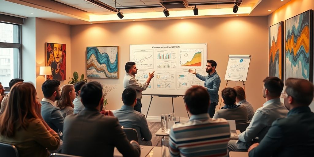 A Persian entrepreneur passionately explaining a complex financial projection on a whiteboard to attentive investors, with clear diagrams showing revenue streams and market size analysis.