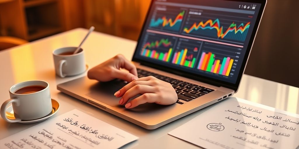 Hands of a Persian investor typing on a laptop showing colorful financial dashboards with profit trend lines, surrounded by coffee cup and documents with Persian text, warm office lighting.
