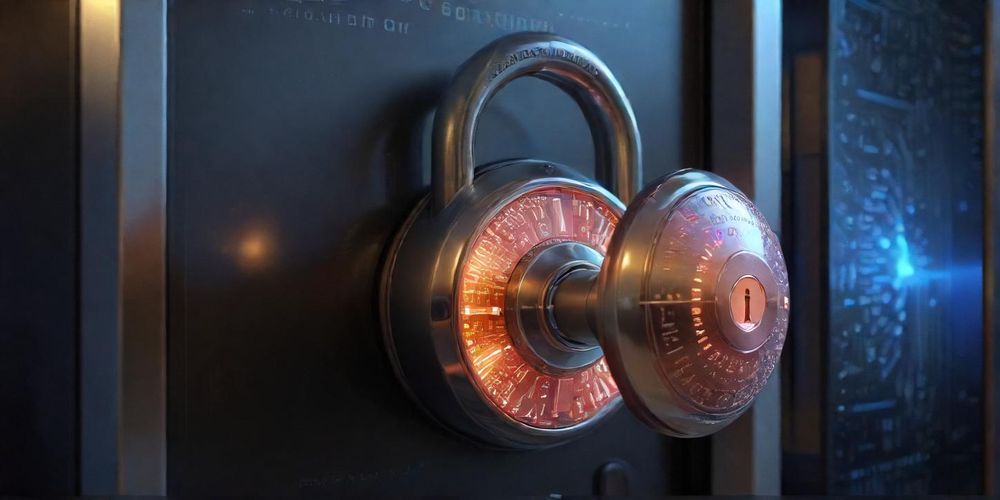 A close-up view of a digital lock representing website security, with a bright background highlighting a secure digital environment and technology elements.