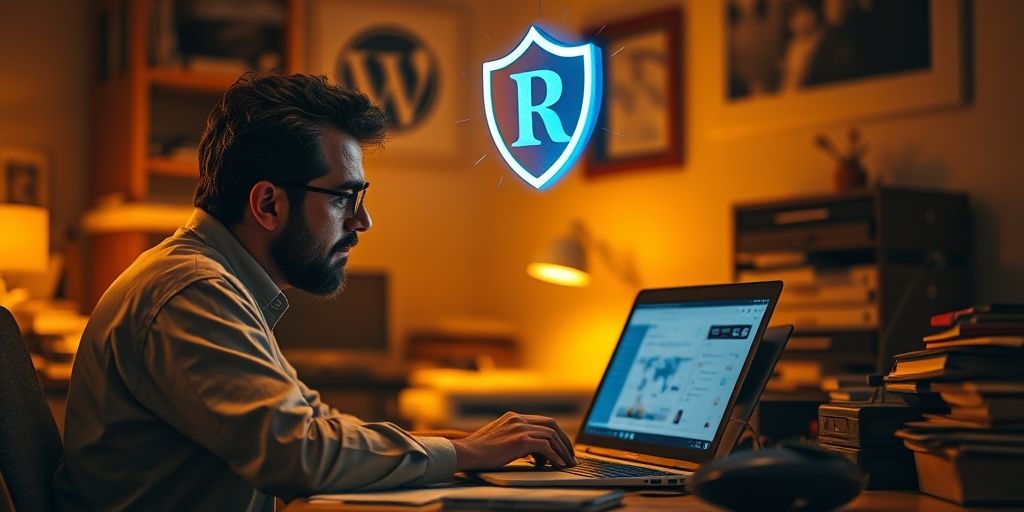 A worried Persian website owner looking at a broken WordPress dashboard on laptop, with a protective shield icon hovering over it, warm lighting conveying security