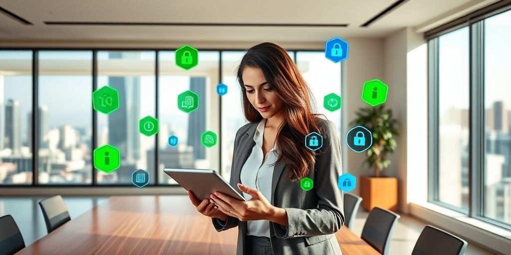 A Persian woman comparing different WordPress backup plugins on a tablet, with security icons floating around, modern office background