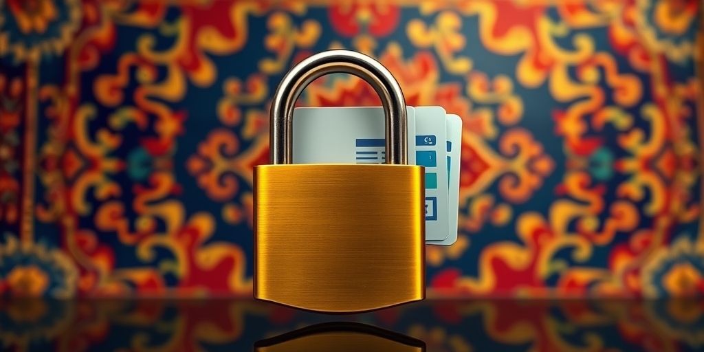 Golden lock securing multiple backup files in cloud storage, with Persian patterns in background, symbolizing data security