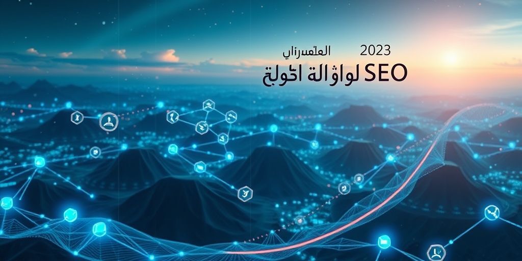 A futuristic digital landscape showing interconnected nodes and AI algorithms analyzing website content, with Persian script floating in the air, representing advanced SEO analysis in 2025.