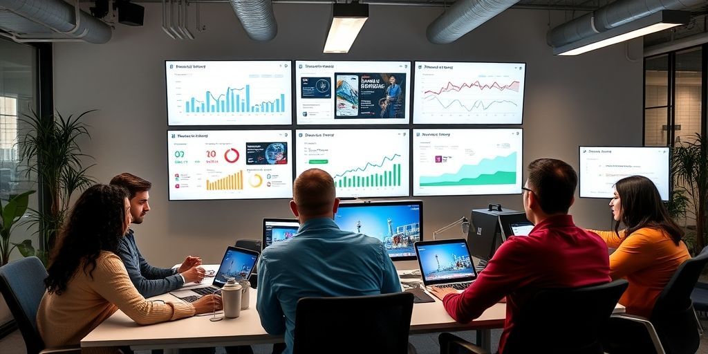 A diverse team collaboratively creating multimedia content in a modern office, with screens showing analytics dashboards and Persian-language content strategies for 2025.