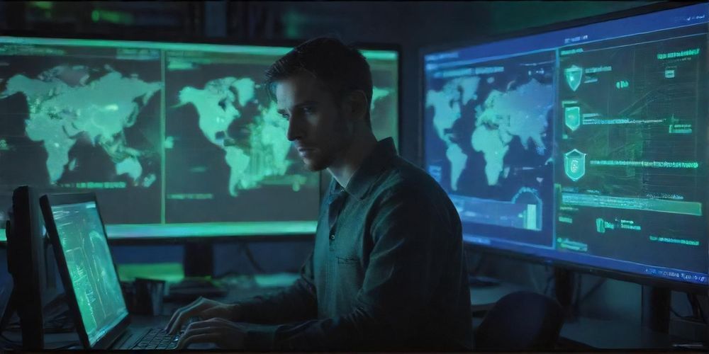 A security expert analyzing website data with green locks and HTTPS indicators on a computer screen, emphasizing the importance of online security.