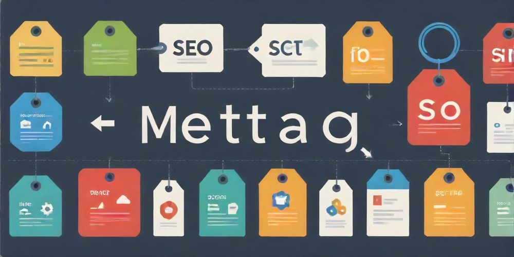 A visually appealing graphic representing meta tags, showcasing their importance and relationship to SEO and CTR, with elements like search icons, web page snippets, and keywords