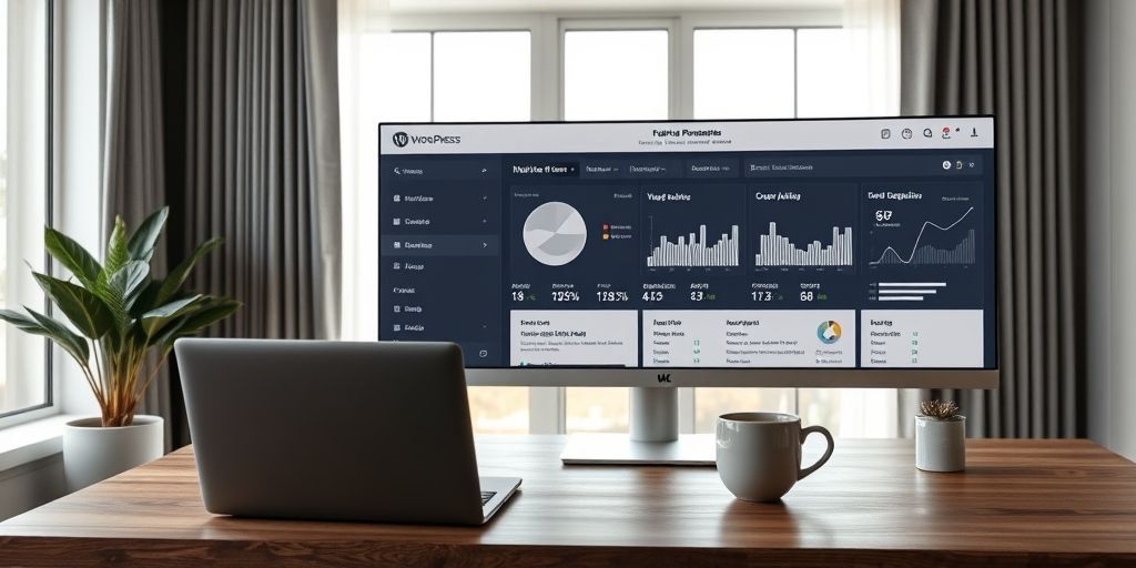 A modern, minimalist WordPress dashboard interface on a large monitor, showing key metrics like traffic, sales, and user activity in clean Persian-language widgets, with a laptop and coffee cup beside it in a professional home office setting.