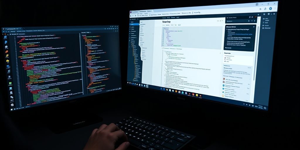 A developer coding a custom WordPress dashboard interface, showing multiple browser windows with Persian code snippets and dashboard previews, on a dark-themed workstation with dual monitors and a mechanical keyboard.