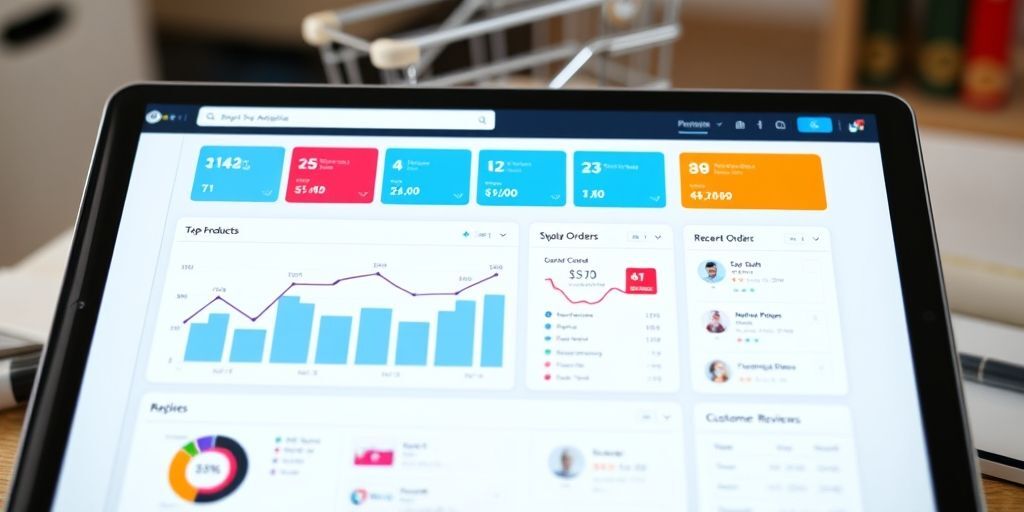 A vibrant e-commerce WordPress dashboard displaying Persian-language analytics, including sales graphs, top products, recent orders, and customer reviews, on a tablet screen with shopping cart icons visible in the background.