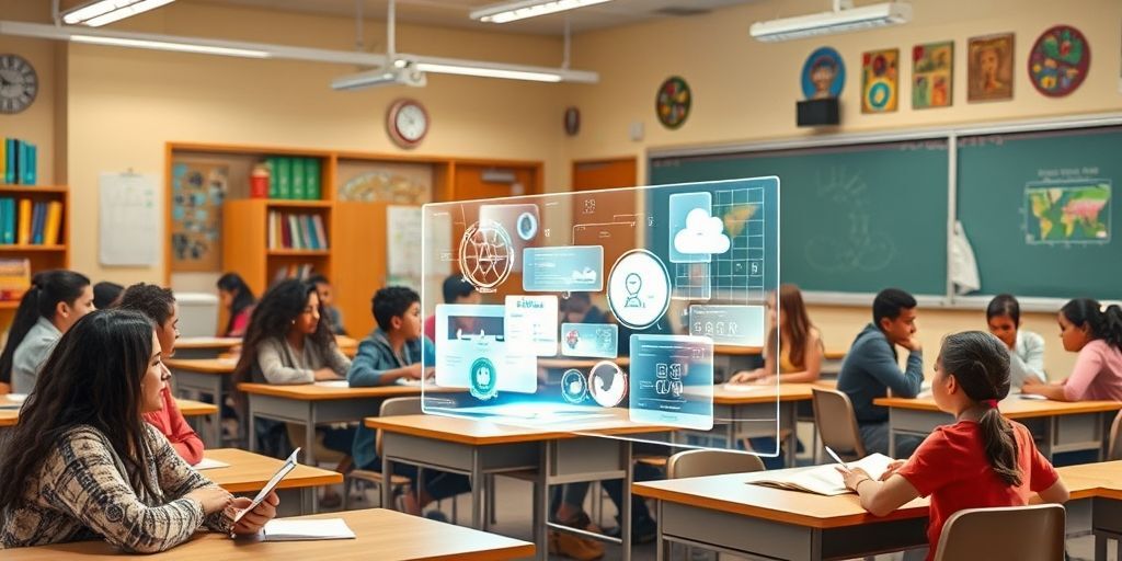 A vibrant classroom scene where diverse students interact with holographic educational interfaces, showcasing augmented reality technology in learning, with futuristic but accessible design elements.