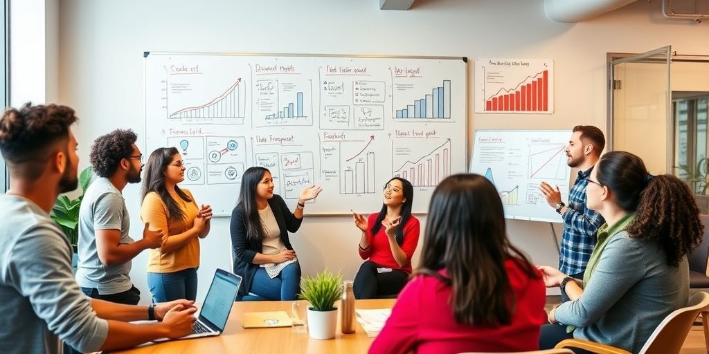 A diverse team of entrepreneurs passionately presenting their educational startup idea in a modern co-working space, with whiteboards full of innovative learning models and graphs showing growth potential.