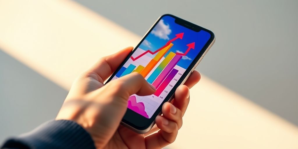 A hand holding a smartphone displaying a vibrant educational app interface, with investment charts and growth arrows overlaying the background, symbolizing smart financial decisions in edtech.
