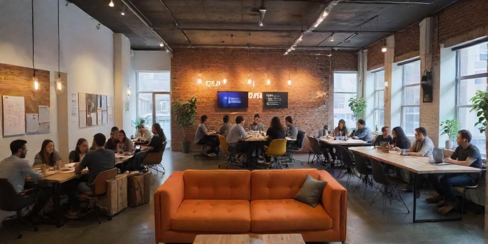 An inviting co-working space filled with aspiring entrepreneurs brainstorming and collaborating on innovative ideas, reflecting a culture of creativity and teamwork.