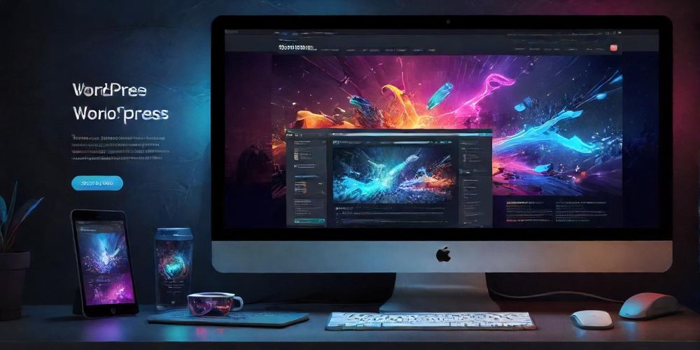 A visually stunning WordPress custom theme design showcasing innovative layouts and vibrant colors, set against a backdrop of web development tools and devices.