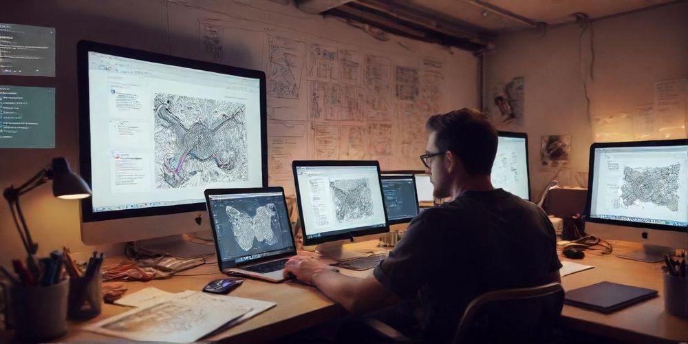An engaging visual representation of a WordPress custom theme development process, including sketches, coding screens, and team collaboration around a workspace filled with design tools.