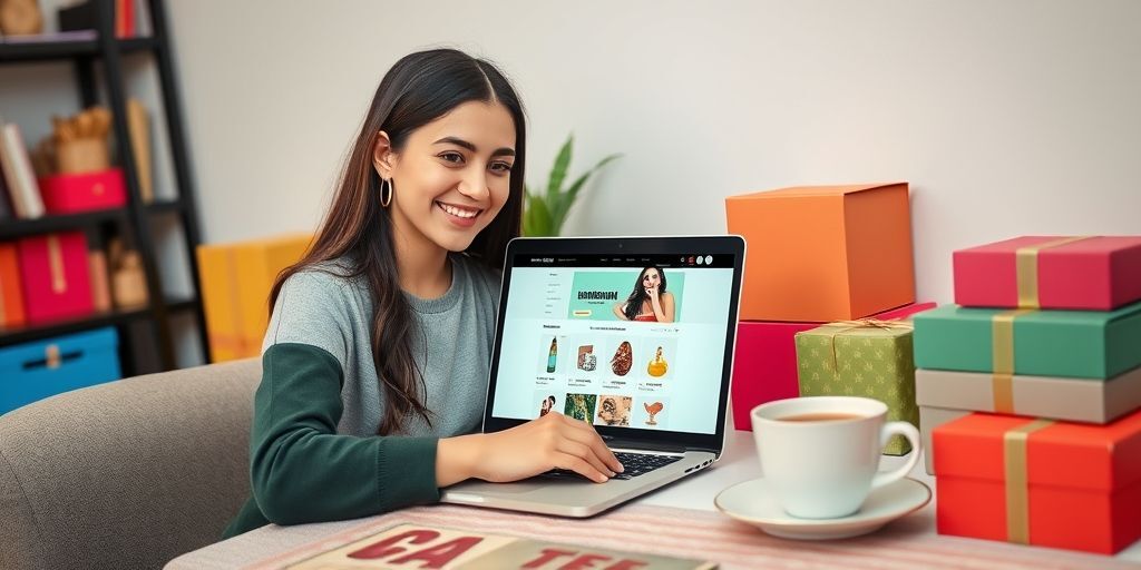 A modern Iranian e-commerce store owner smiling while customizing her WordPress store interface on a laptop, surrounded by vibrant product boxes and a cup of Persian tea, showcasing ease of use and local relevance.