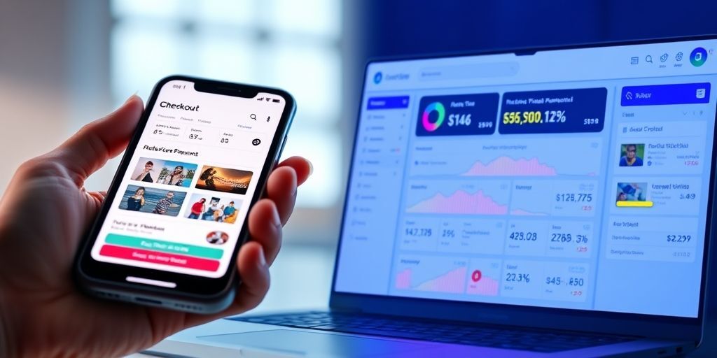 A split-screen showing a smartphone displaying a WordPress store checkout process on one side, and on the other side, backend dashboard with order management, payment stats, and inventory controls.