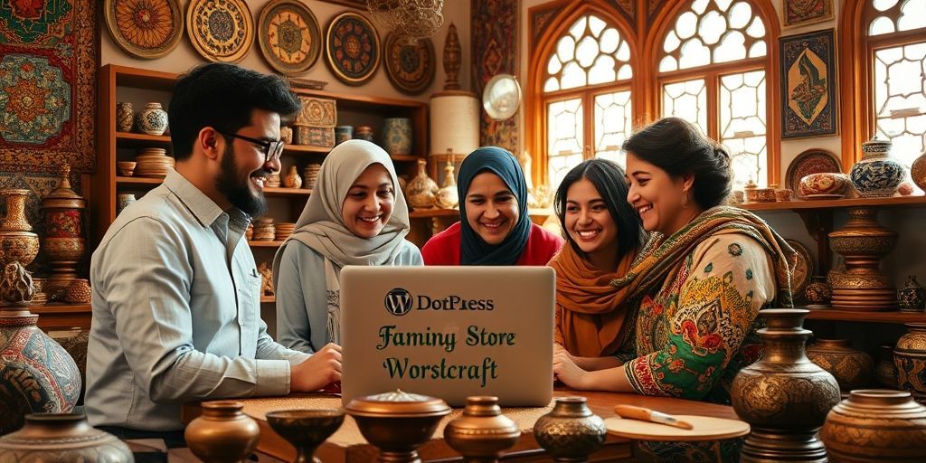An Iranian family-run handicraft business showcasing their WordPress store on a laptop, with traditional Persian crafts in the background, demonstrating local business empowerment.