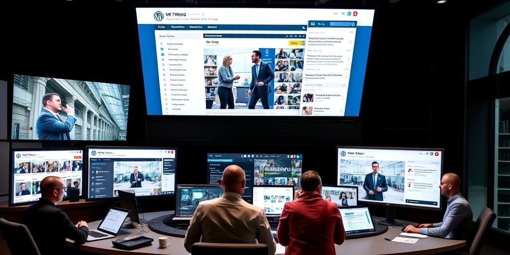 A modern newsroom with multiple screens displaying WordPress dashboard, real-time news updates, and editorial calendar, showing journalists collaborating on breaking stories in a dynamic environment.
