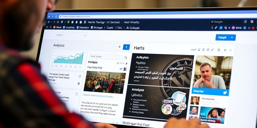 Close-up of a Persian-speaking web developer configuring a news website dashboard in WordPress, showing analytics, scheduled posts, and multilingual interface with RTL support.
