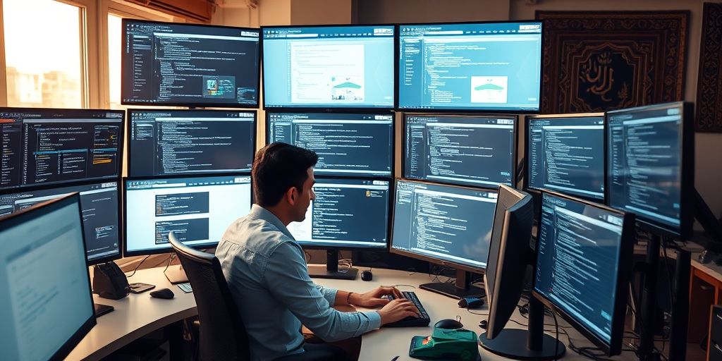 A modern Iranian developer working on multiple screens showing WordPress dashboards and code editors, with Persian UI elements visible, in a well-lit tech office with traditional Persian design accents, conveying professionalism and cultural relevance.