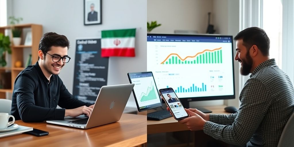 A split-screen showing a developer smiling while coding on a laptop, and on the other side a happy Iranian client viewing a responsive WordPress site on multiple devices, with charts showing performance metrics rising.