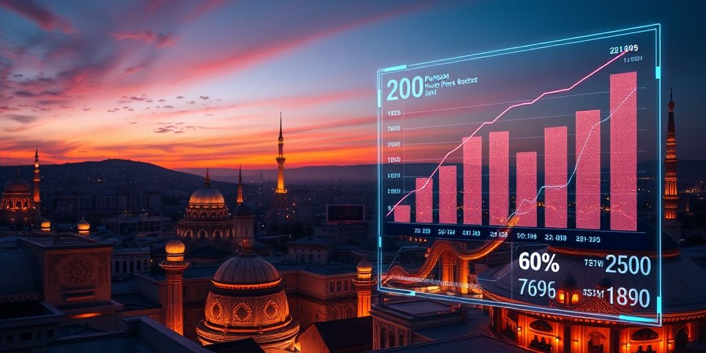 Futuristic holographic interface showing Persian WordPress sites with growing statistics, overlaid on a Tehran cityscape at dusk, symbolizing technological advancement and digital growth in Iran.