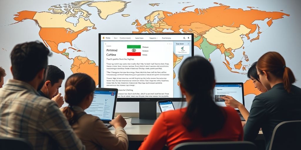 A diverse group of people from different ethnicities using laptops and smartphones to view a multilingual website showing Persian, English, and Chinese text, with a world map background and connection lines between continents.