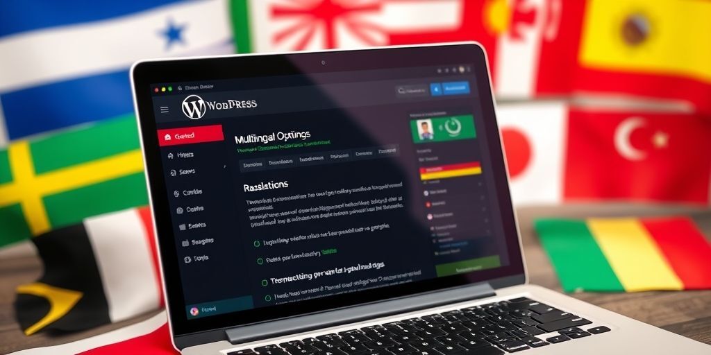 Close-up of a laptop screen showing a WordPress dashboard with multilingual theme options, translation interface, and speed optimization tools, surrounded by flags of different countries.