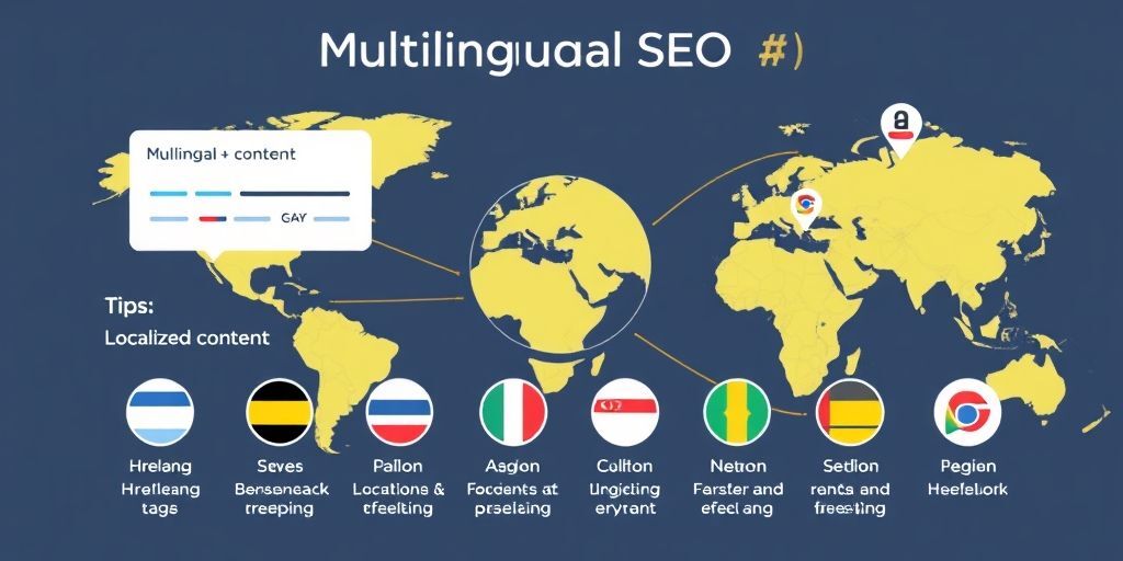 An illustrated infographic showing multilingual SEO tips: hreflang tags, localized content, geotargeting, with icons representing different languages and search engines.