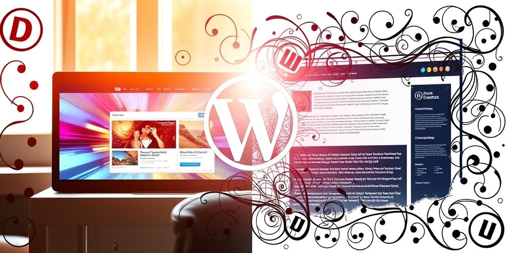 A split-screen showing a well-designed WordPress theme on the left with multiple plugins working seamlessly, and a broken website with error messages on the right, highlighting the importance of compatibility, with Persian calligraphy elements in the background.